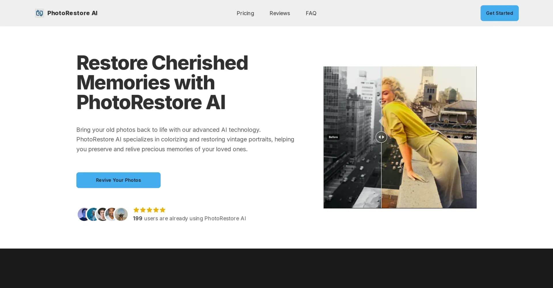 PhotoRestore homepage screenshot — Breathe new life into old photos with AI.