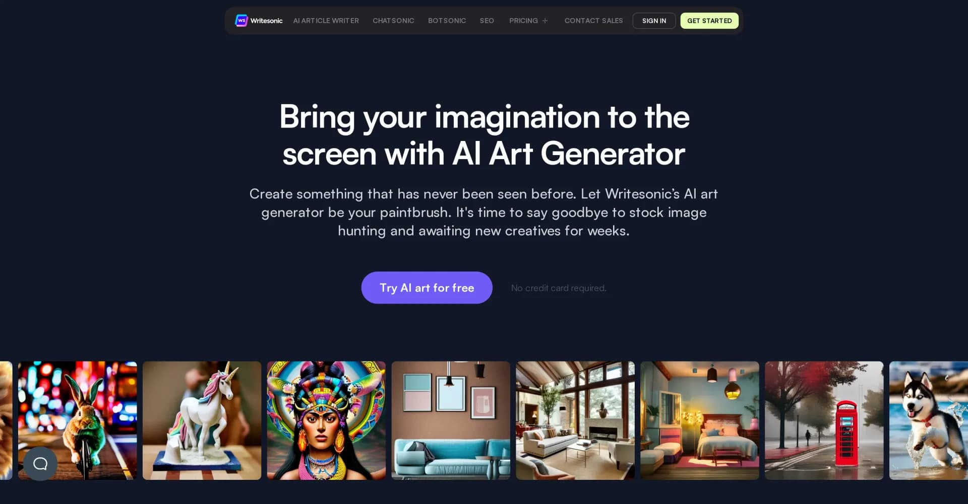 Photosonic by Writesonic homepage screenshot — Transform imagination into stunning AI art.