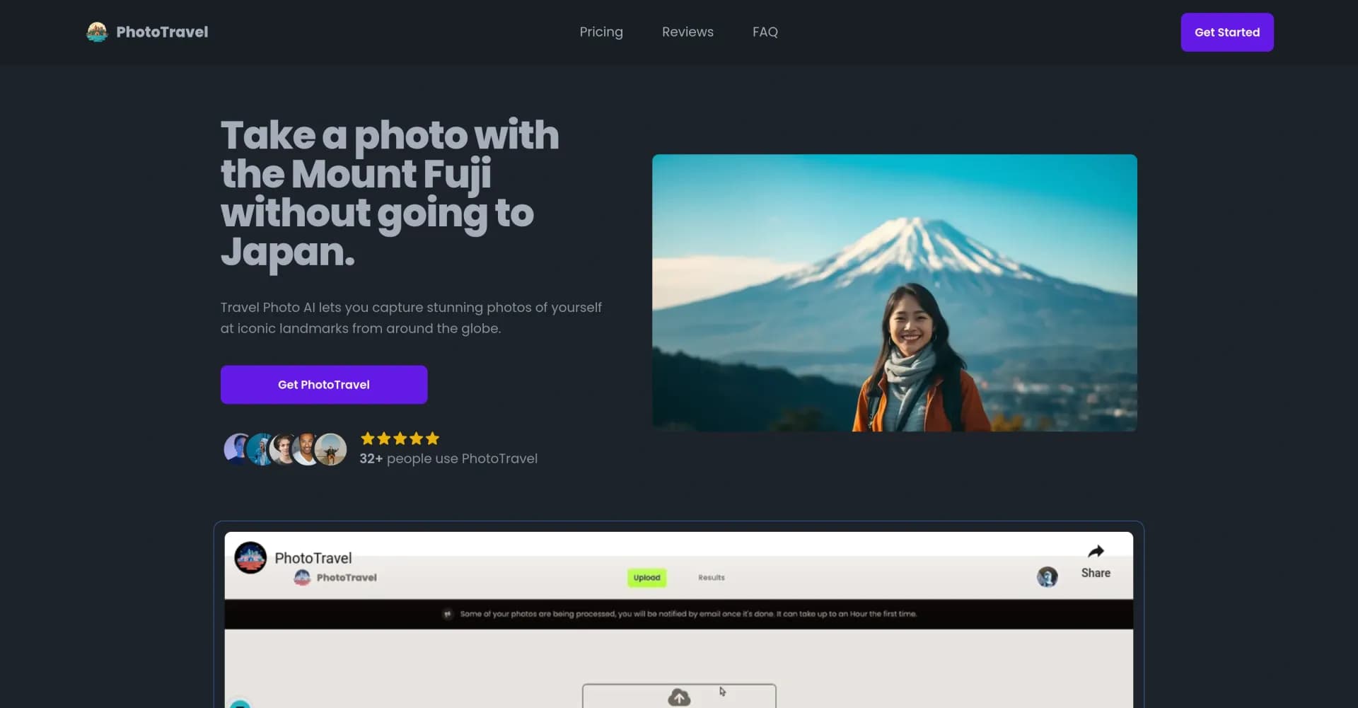 PhotoTravel homepage screenshot — Create AI-generated travel photos without leaving home.
