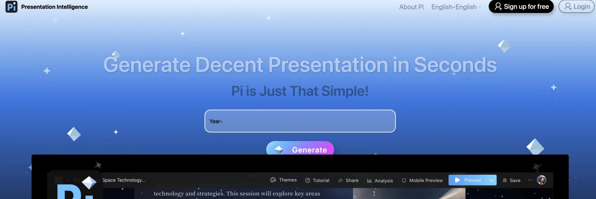 Pi - Presentation Intelligence homepage screenshot — AI-powered presentations in one click.