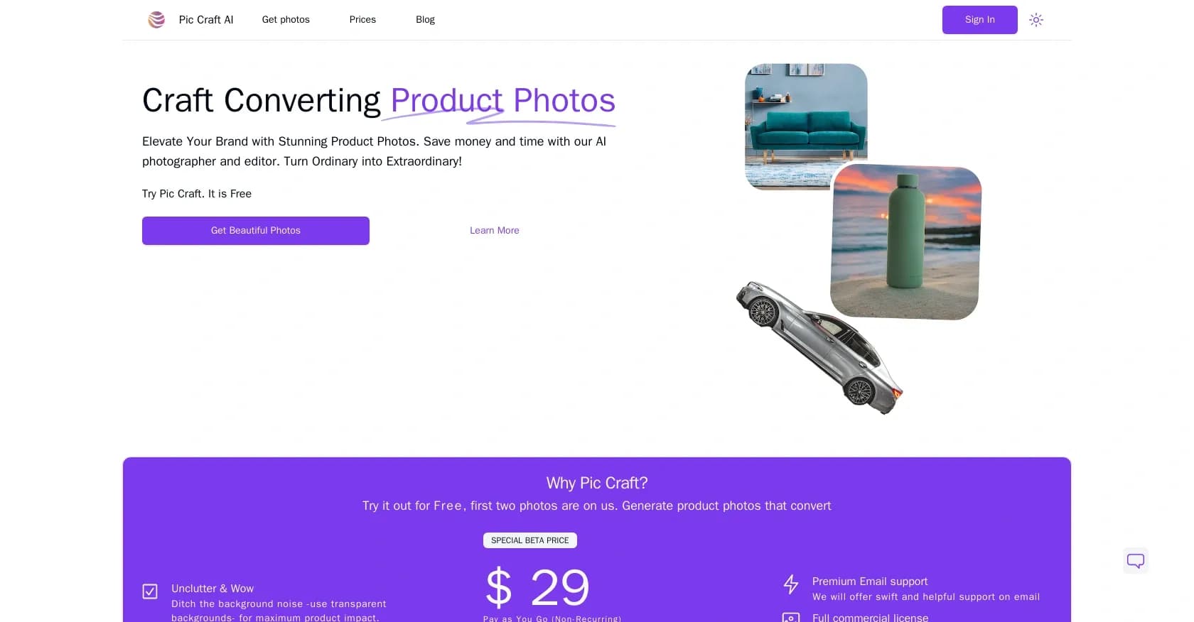 Pic Craft homepage screenshot — Craft converting product photos with AI