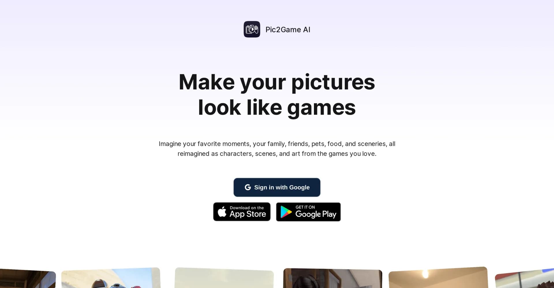Pic2Game AI homepage screenshot — Transform photos into gaming-inspired artwork.