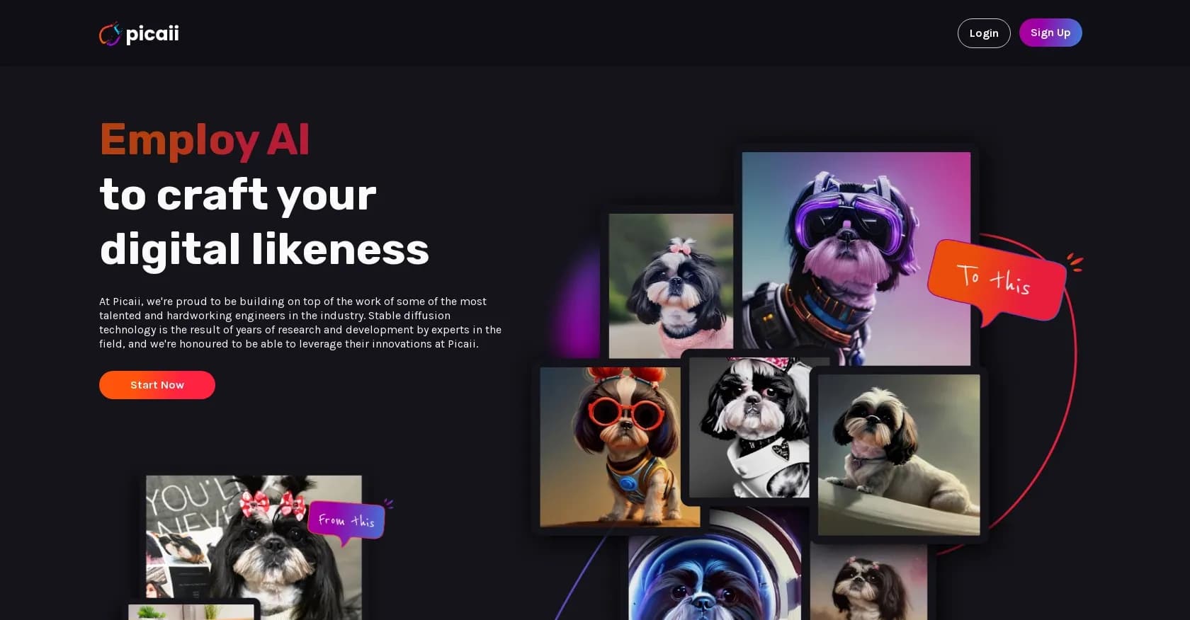 Picaii homepage screenshot — Craft your digital likeness with AI