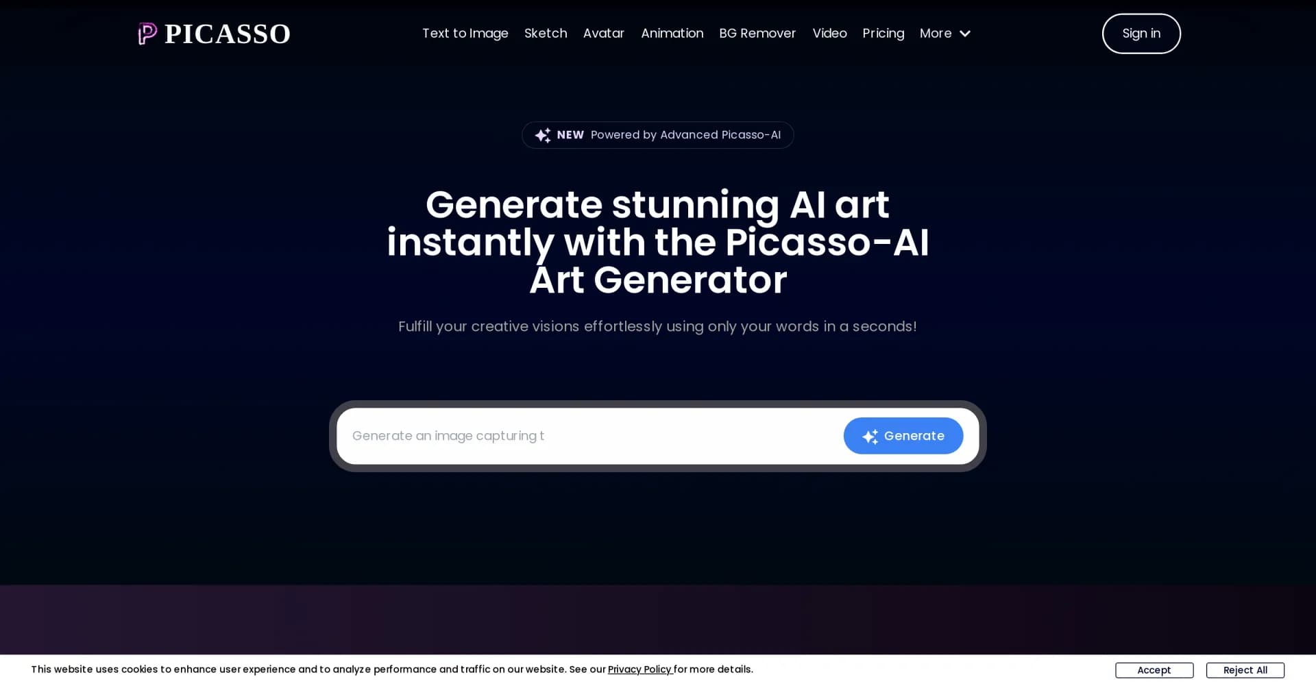 Picasso AI homepage screenshot — Transform ideas into stunning AI-generated art.