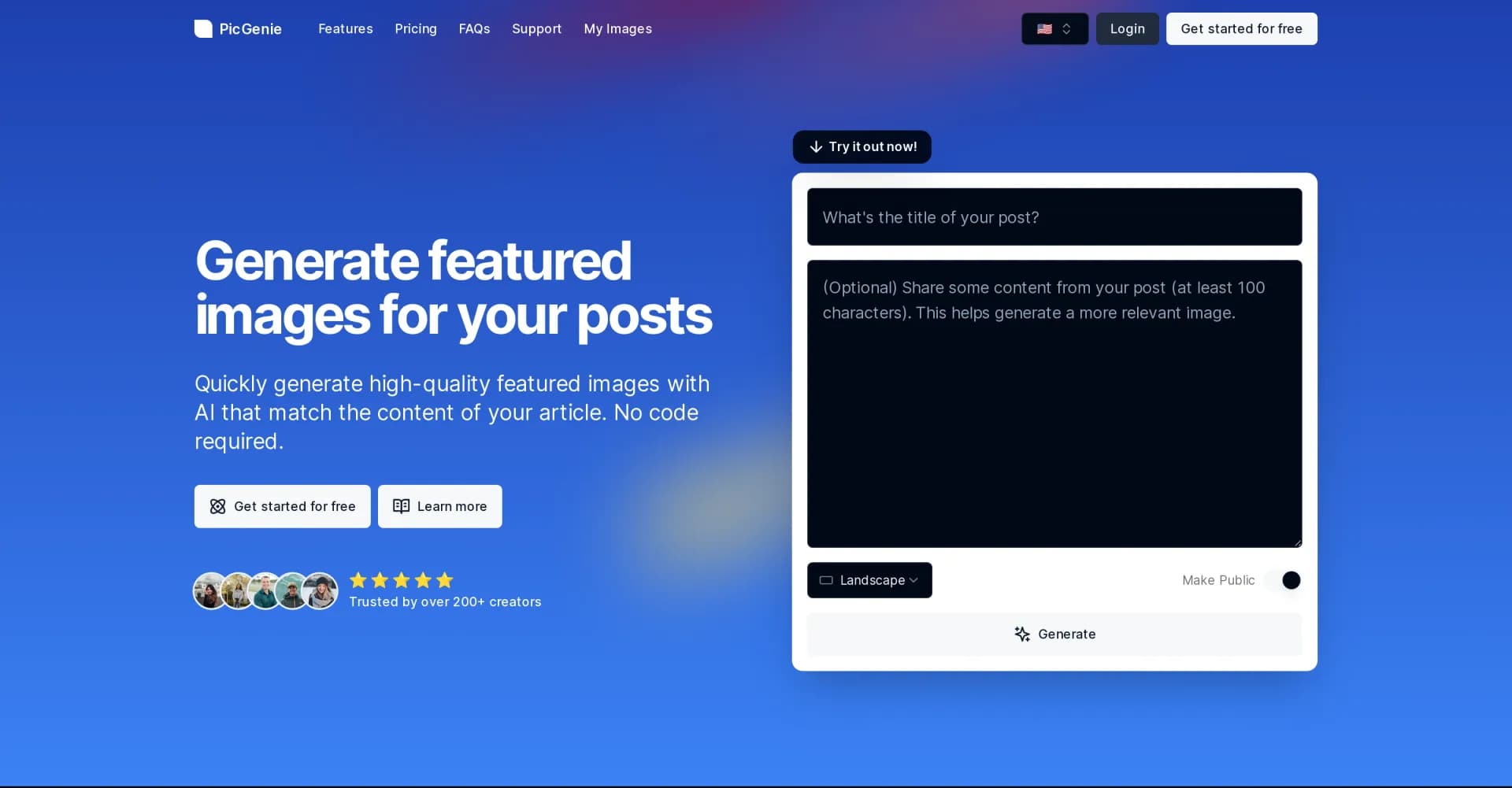 PicGenieAI homepage screenshot — AI-generated featured images for your posts