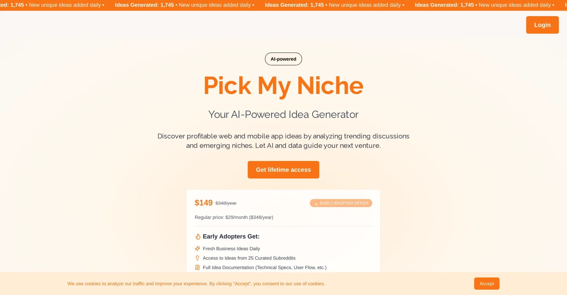 Pick My Niche homepage screenshot — AI-powered niche finder for profitable app ideas
