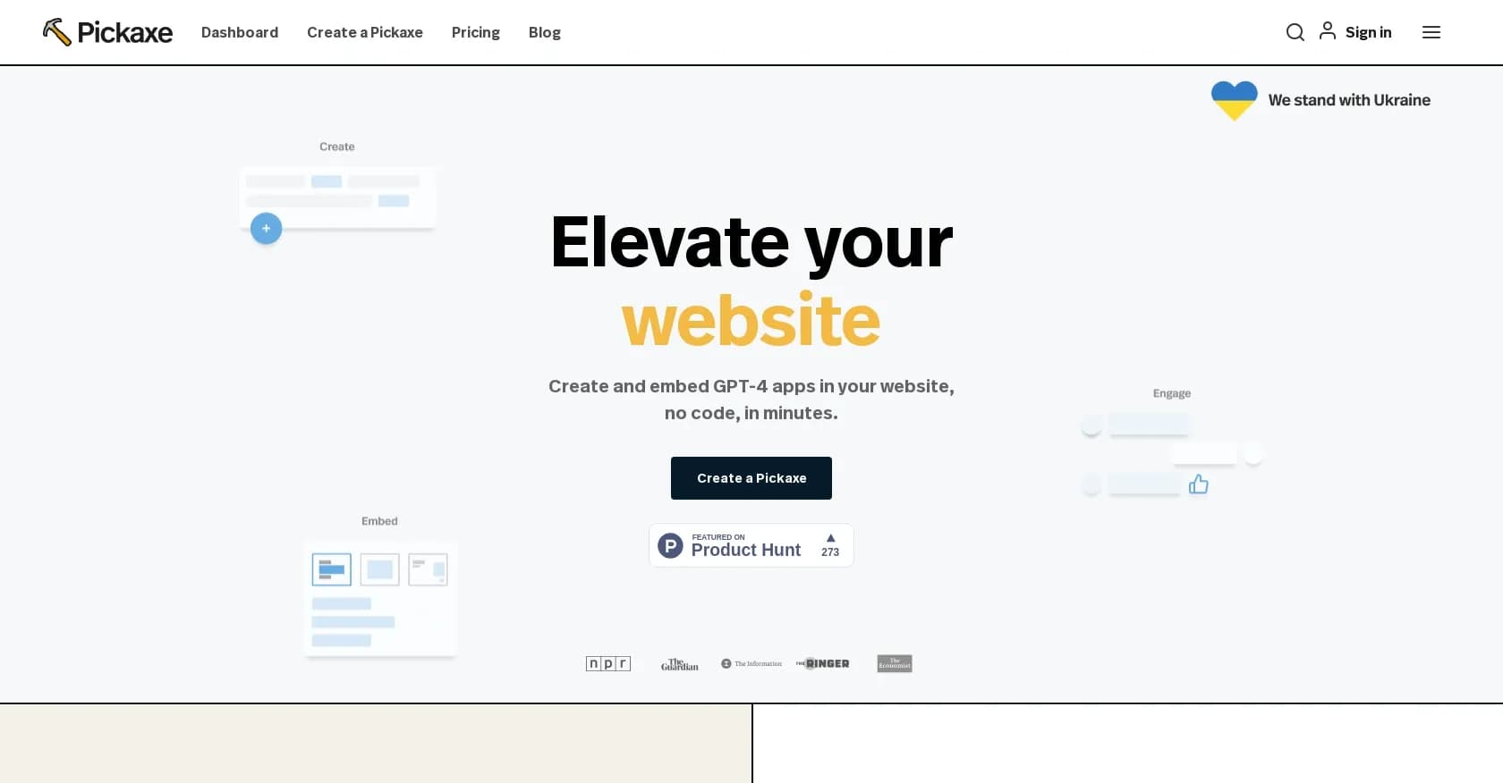 Pickaxe homepage screenshot — Embed AI apps anywhere, no code required.