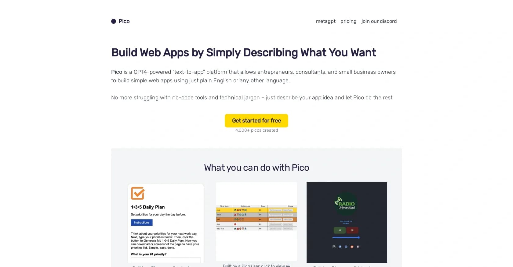 Pico homepage screenshot — Build GPT-powered microapps instantly