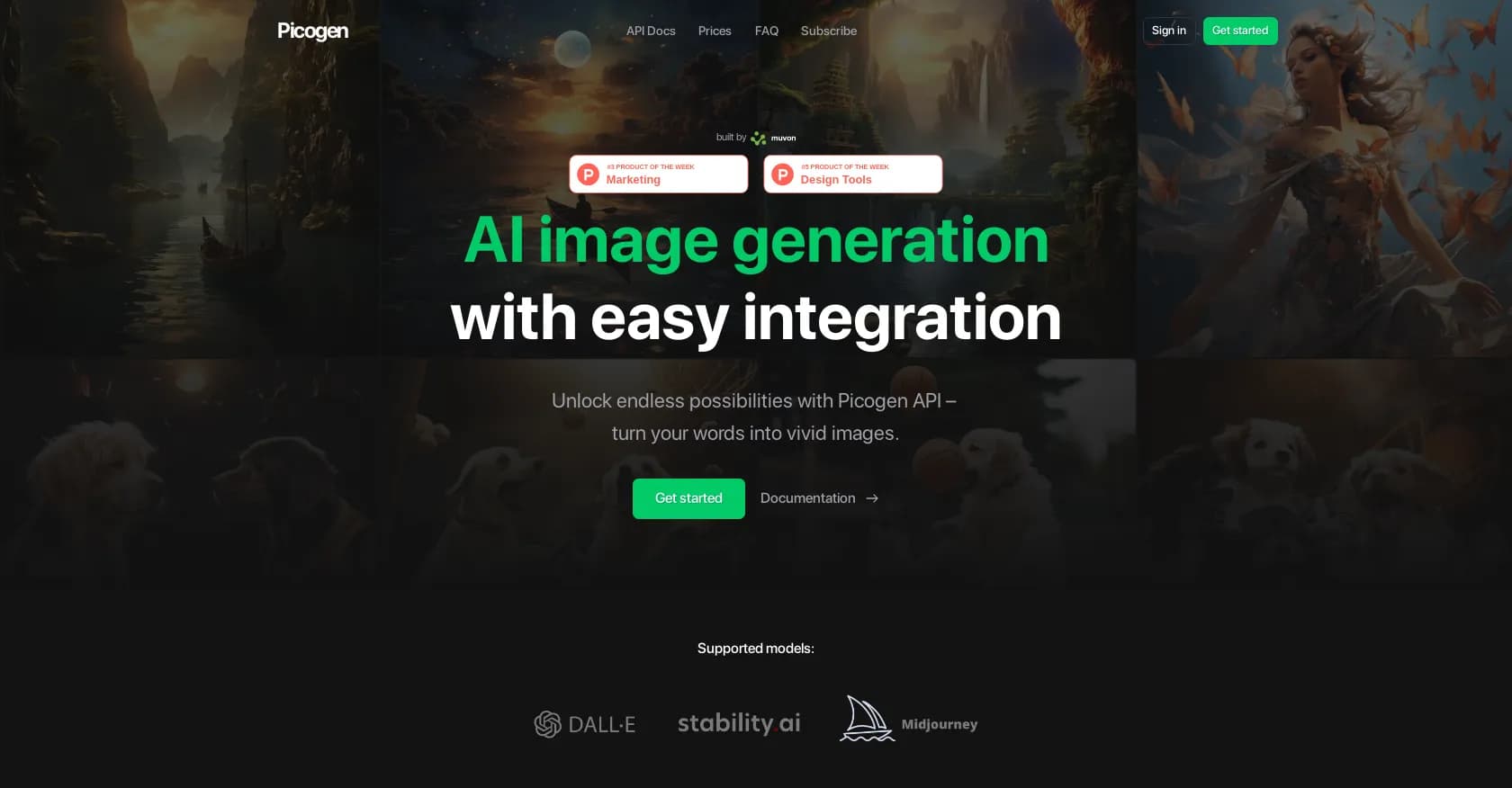 Picogen homepage screenshot — Turn words into vivid images with AI