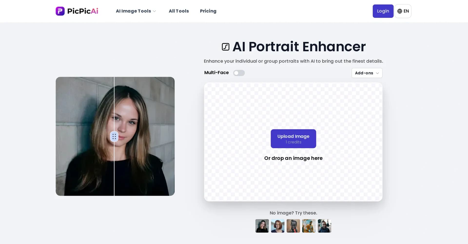PicPicAI - AI Portrait Enhancerv2.0 homepage screenshot — Enhance portraits with AI for stunning details