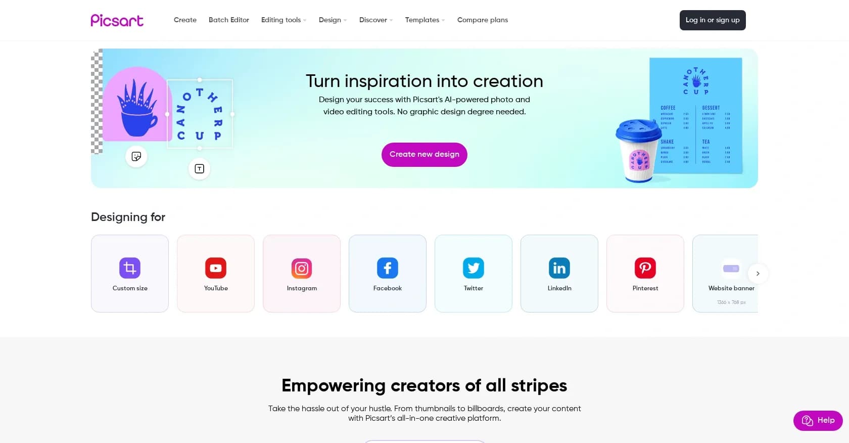 Picsart homepage screenshot — All-in-one creative platform for photo, video, and design.
