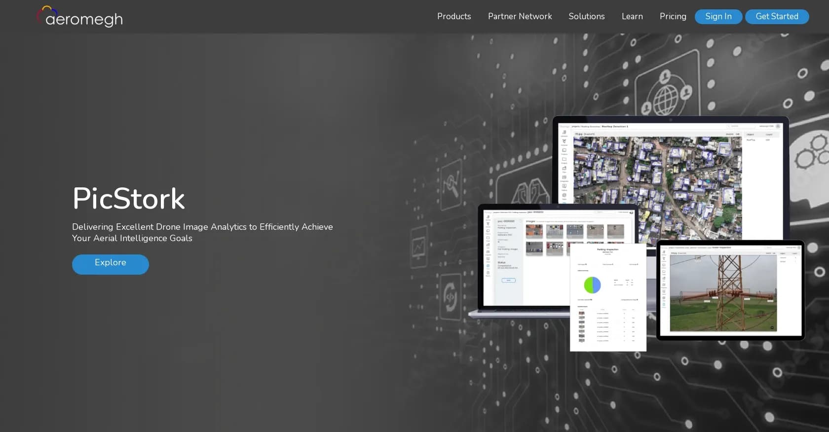 PicStork homepage screenshot — Automate aerial image analytics from capture to insights.