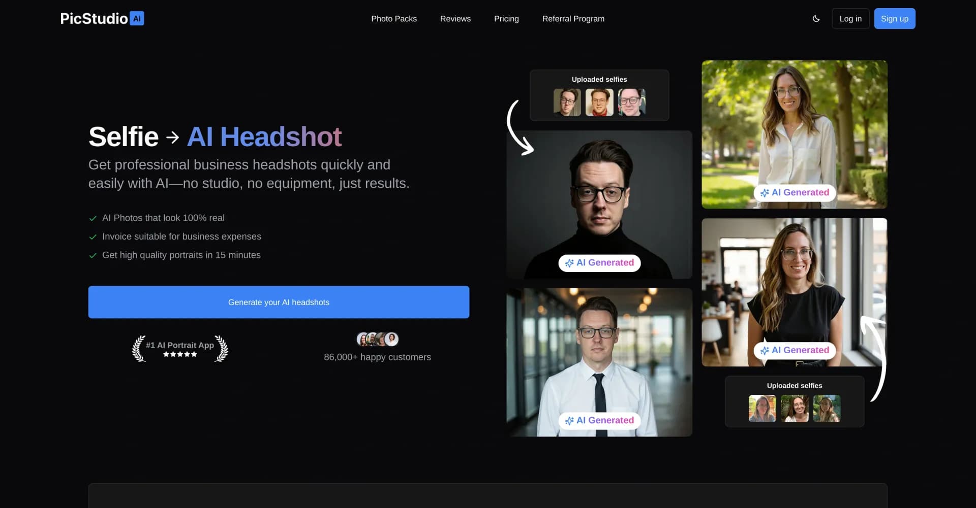 PicStudio.AI homepage screenshot — Pro portraits with AI, in minutes.