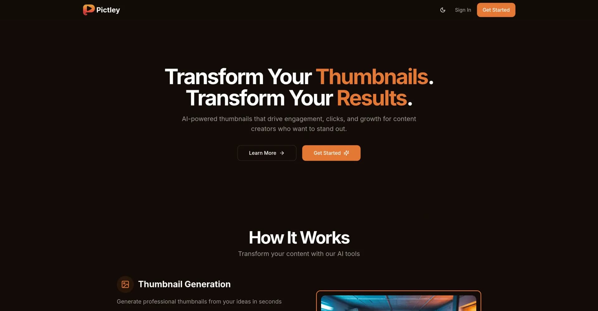 Pictley homepage screenshot — AI-powered thumbnails that drive engagement and clicks.