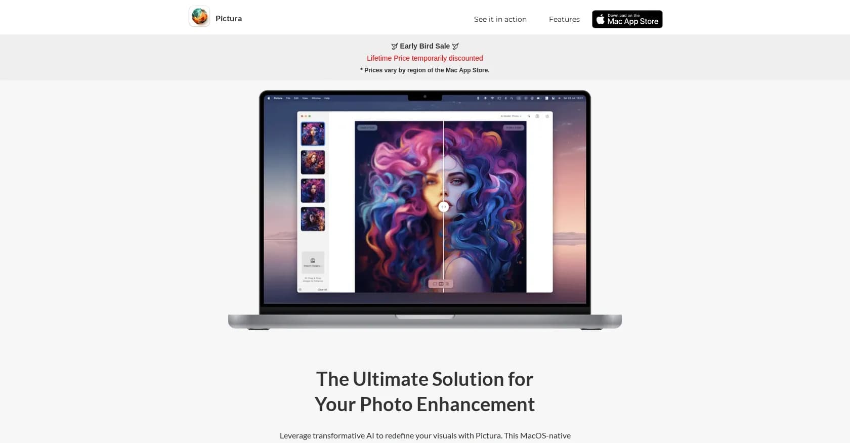 Pictura homepage screenshot — Transform low-res images into stunning 4x clarity visuals.