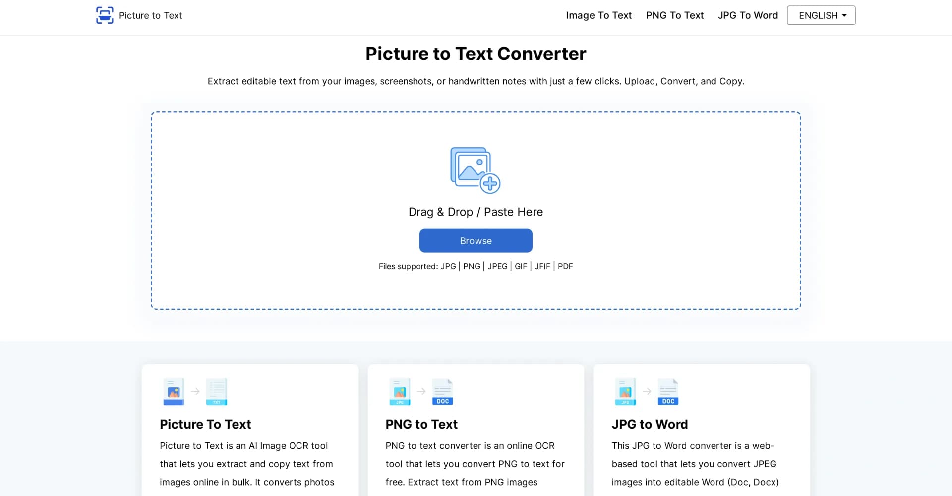 Picture To Text Converter homepage screenshot — Extract editable text from images instantly