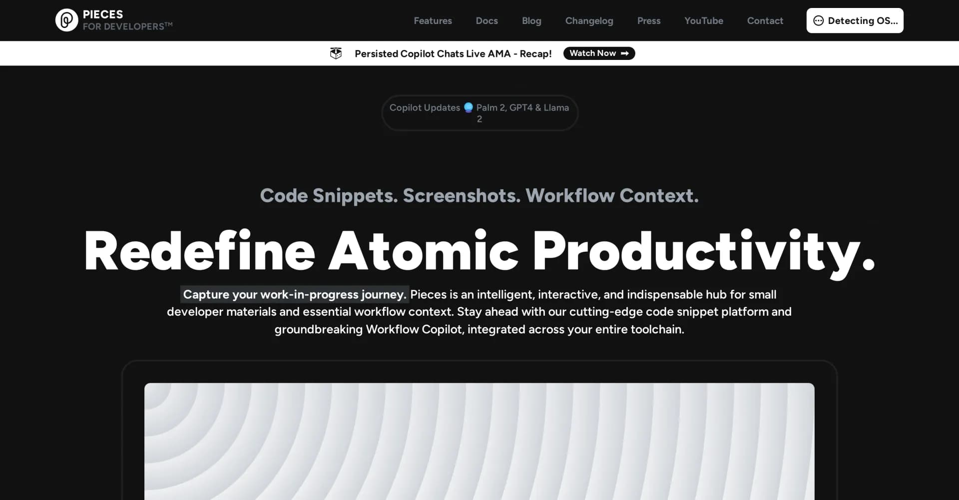 Pieces.app homepage screenshot — Supercharge your coding with AI-powered snippets and tools.