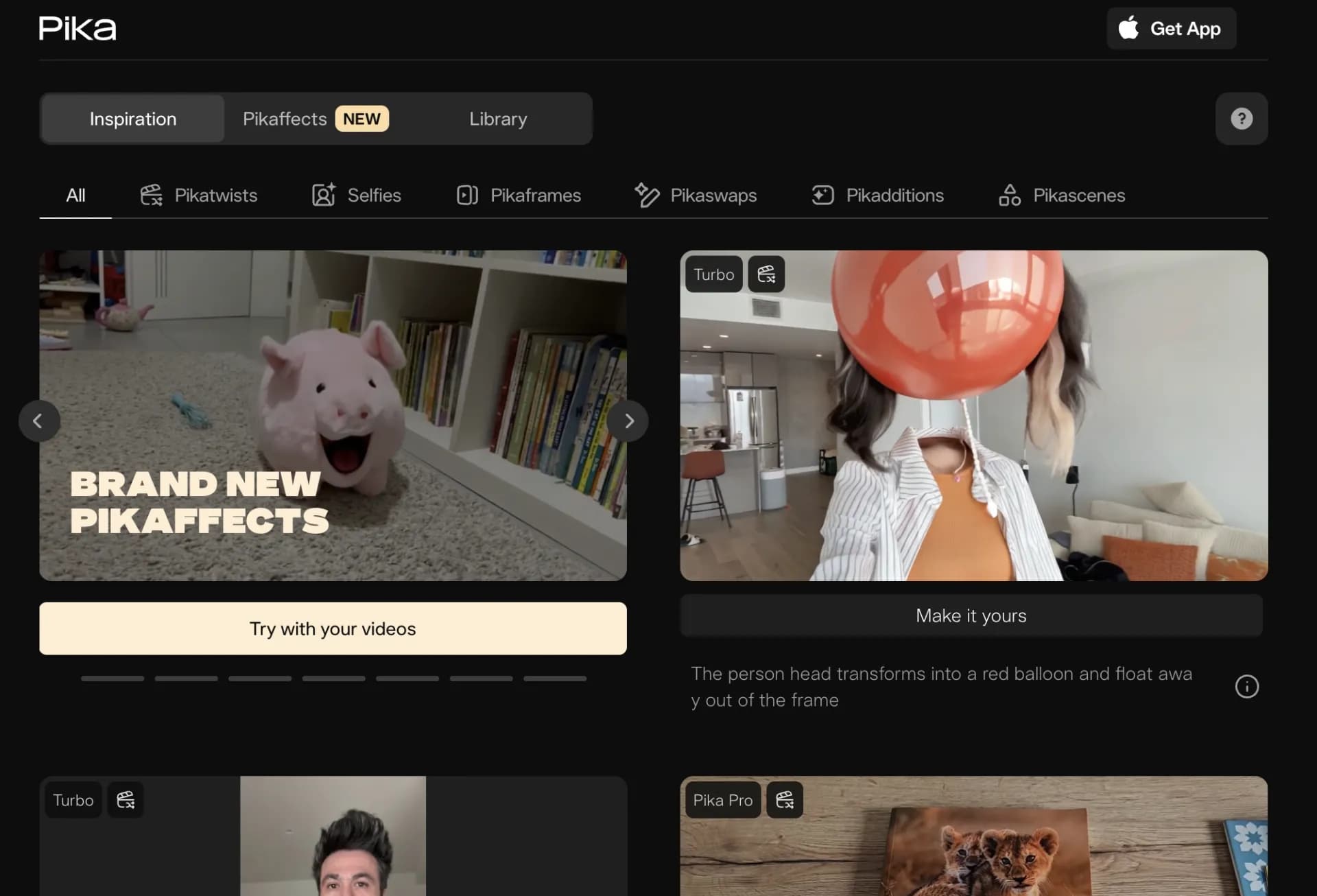 Pika Labsv2.2 homepage screenshot — Turn text into stunning videos effortlessly.