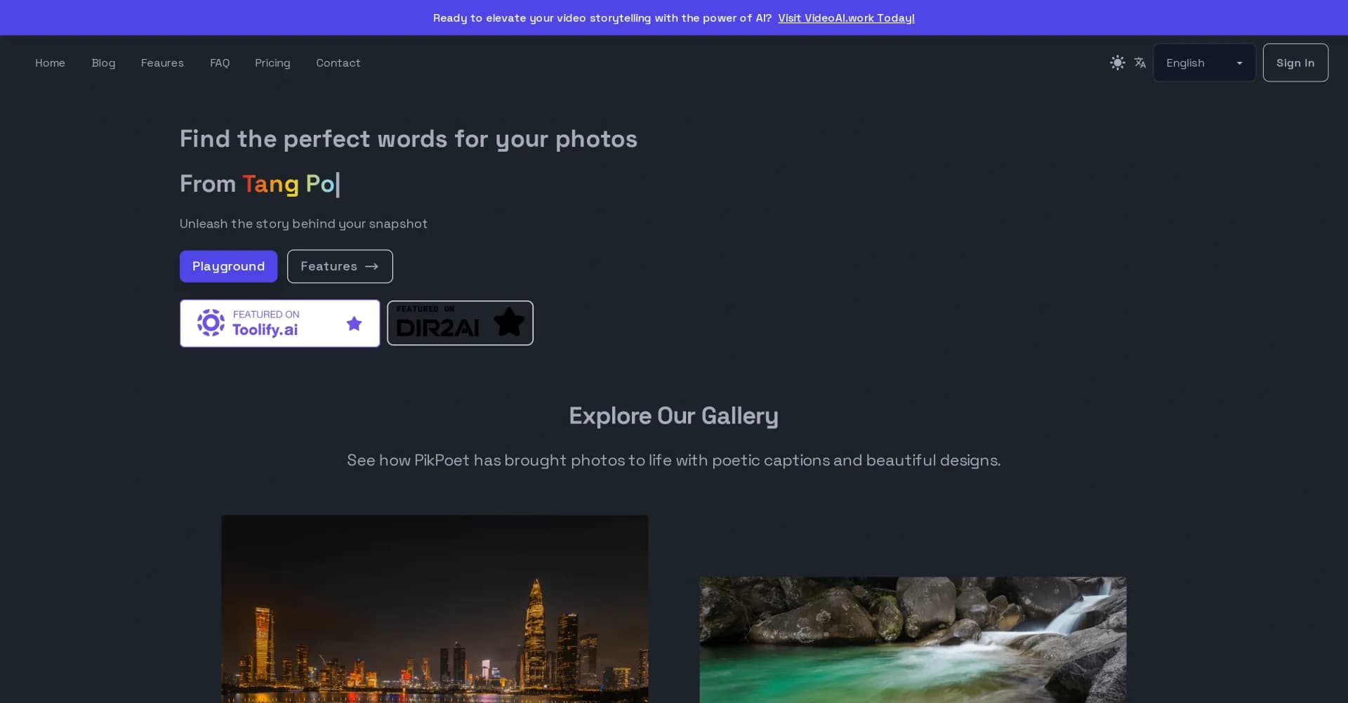 PikPoet homepage screenshot — Transform photos into captivating stories.