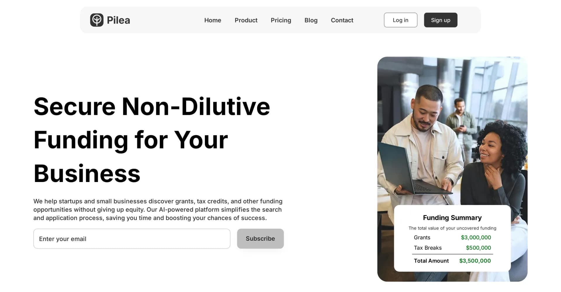 Pilea homepage screenshot — AI-powered funding opportunities for your business