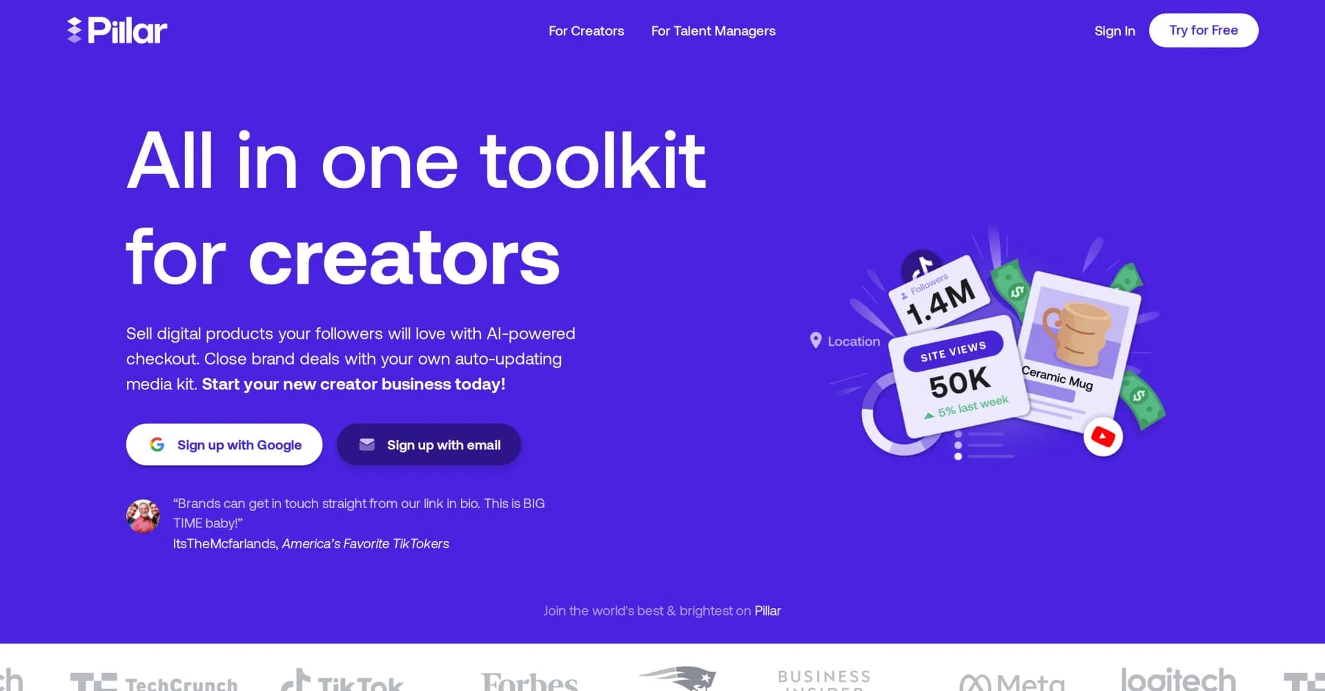 Pillar homepage screenshot — All-in-one platform for creators to sell and close deals.