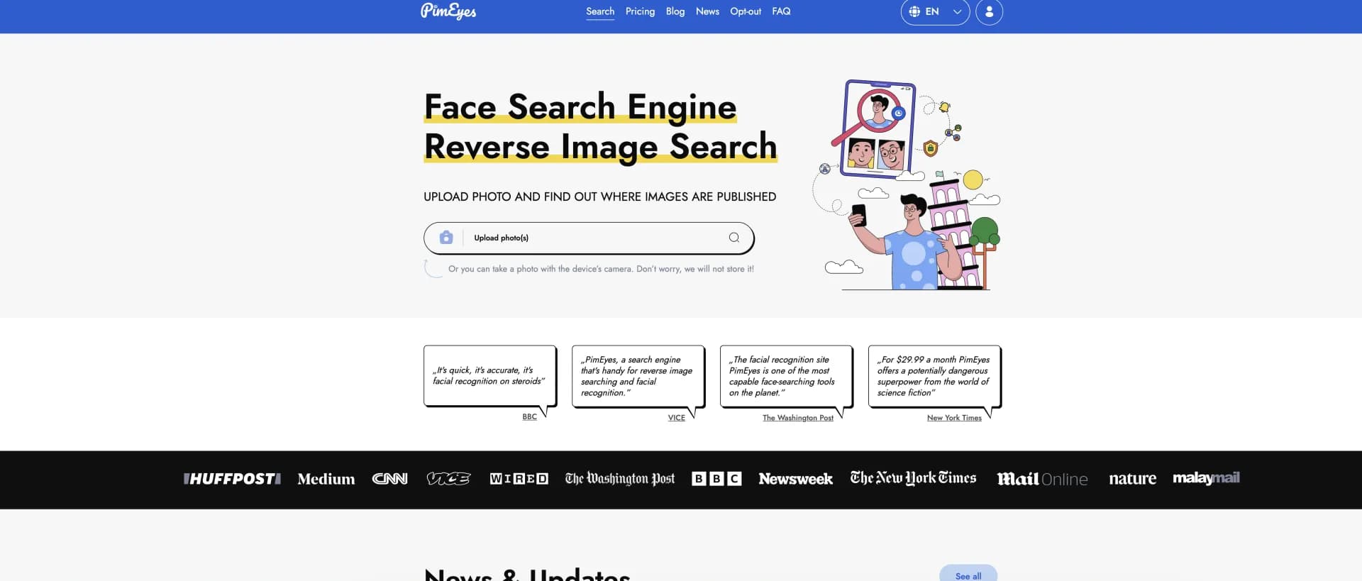PimEyes homepage screenshot — Find where your face appears online.