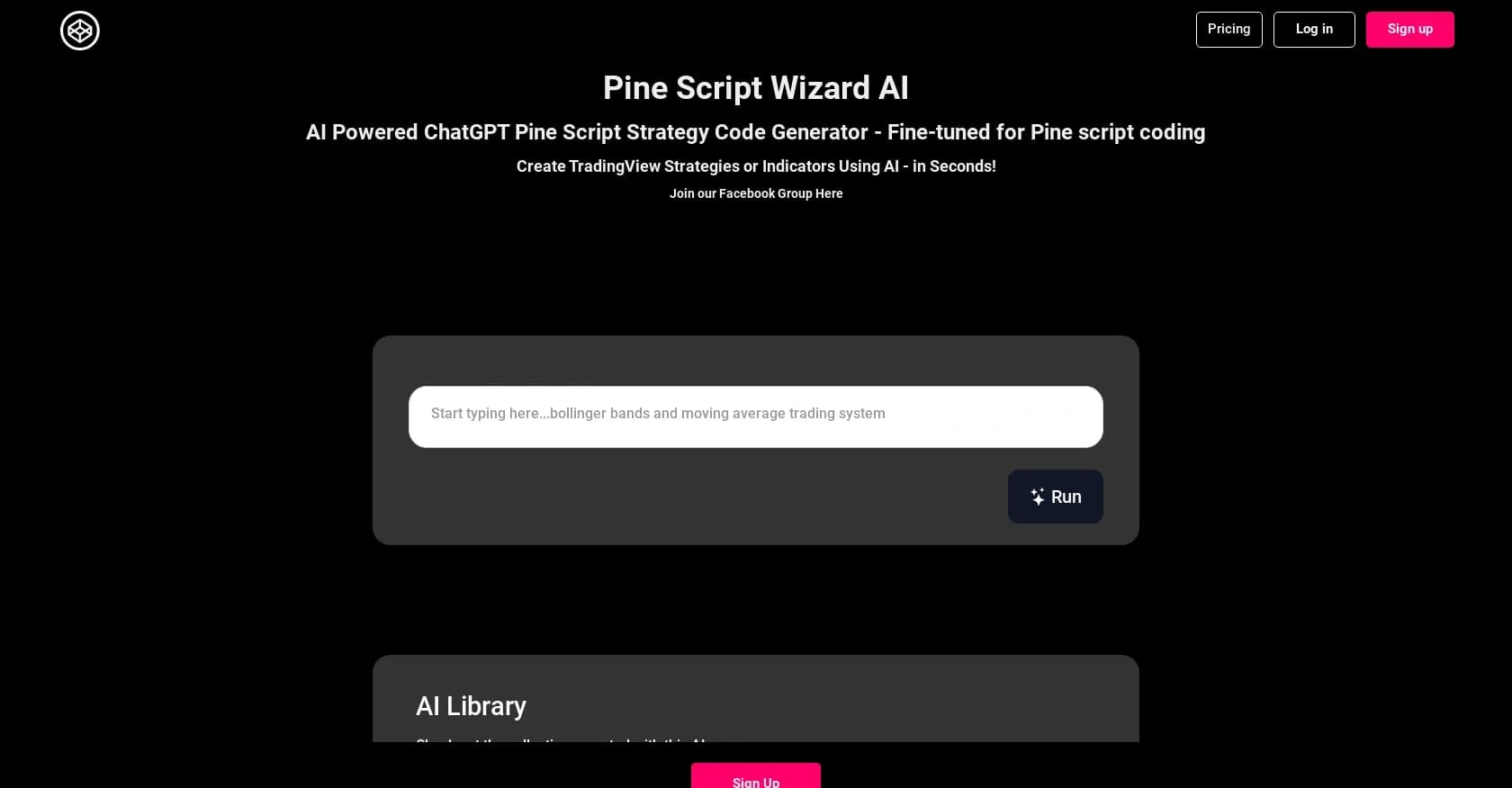 PineScriptWizard homepage screenshot — AI-powered Pine Script code generator for TradingView