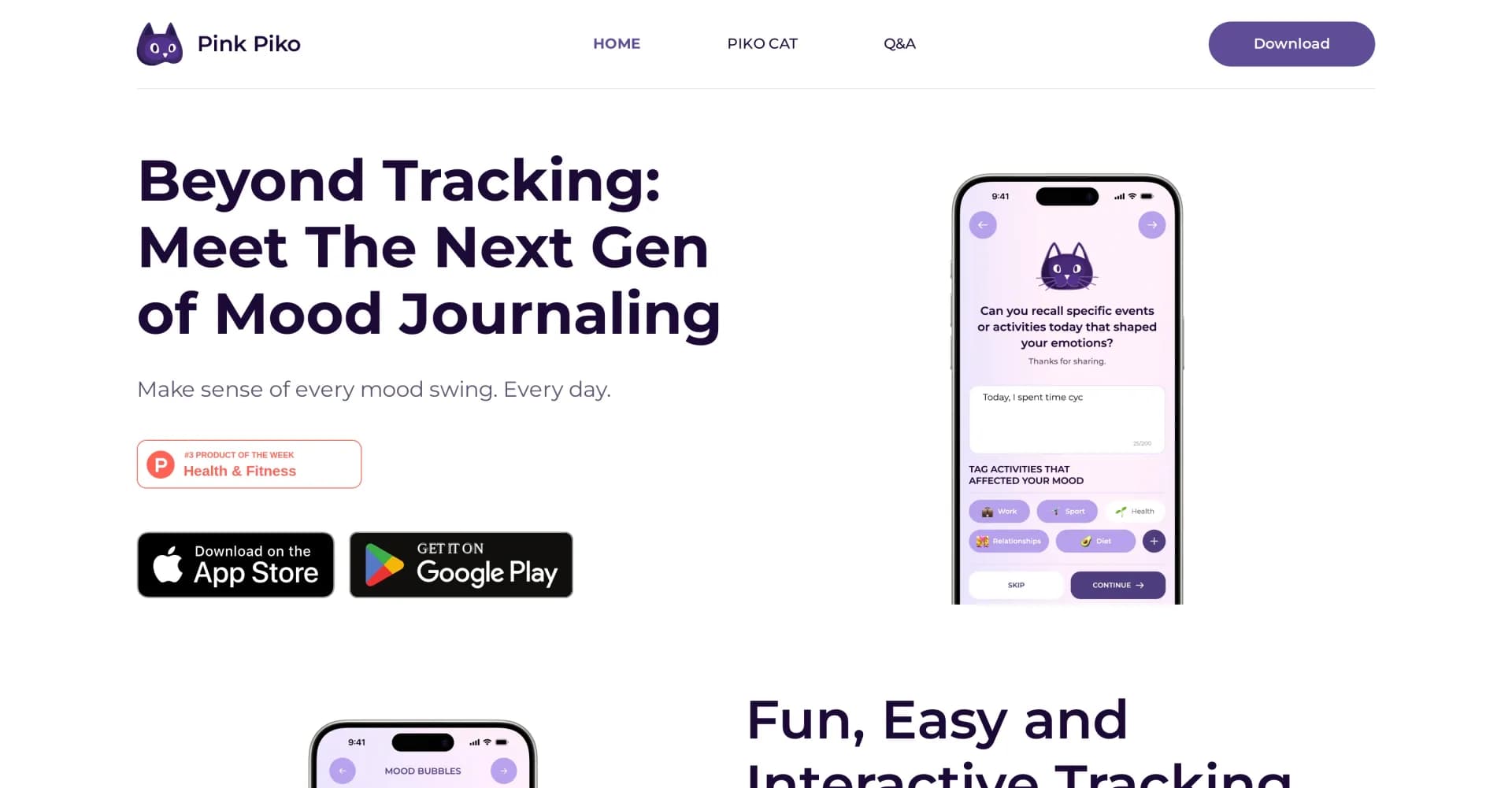 PinkPiko homepage screenshot — Make sense of every mood swing, daily.