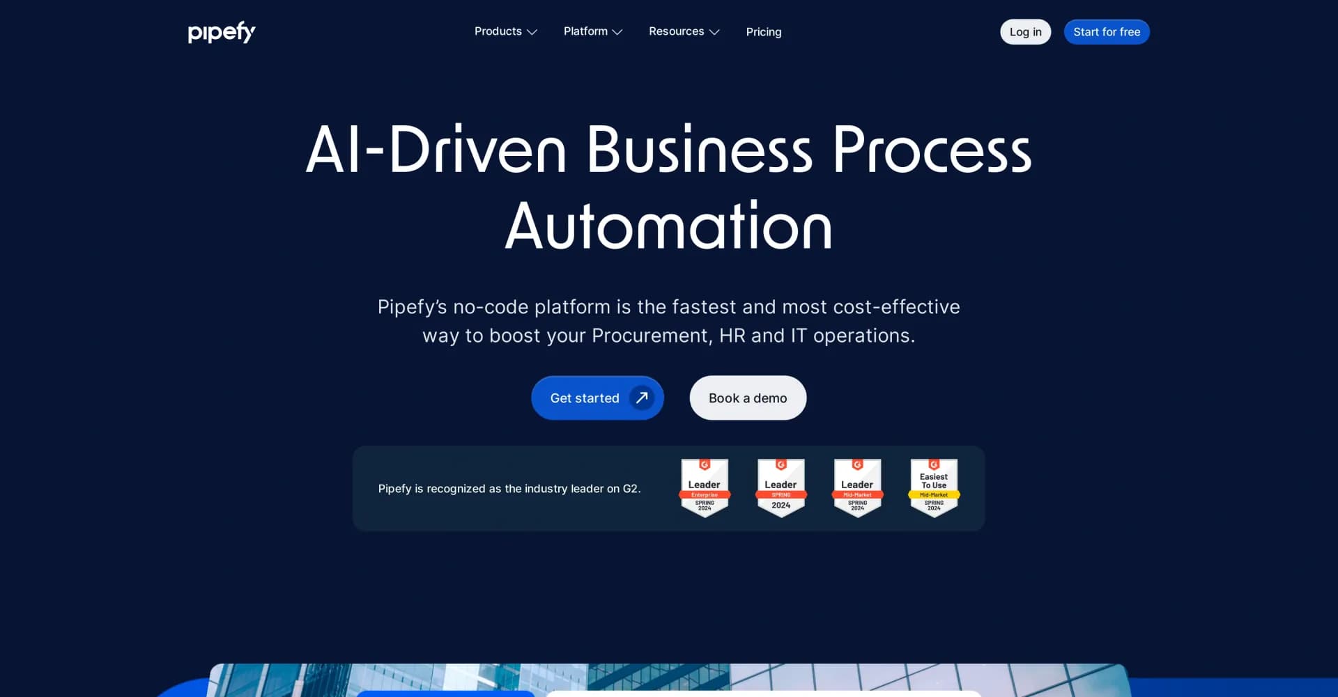 Pipefy homepage screenshot — Automate workflows with low-code efficiency.