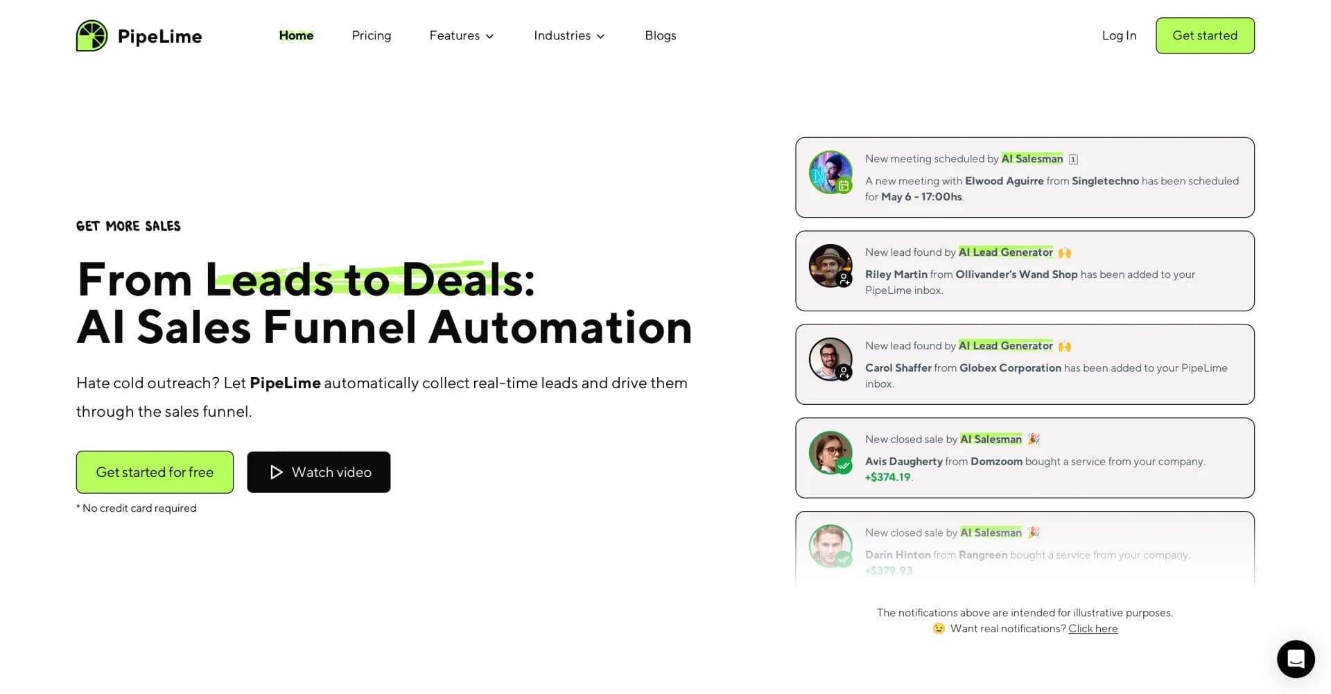 PipeLime homepage screenshot — AI-powered sales funnel automation for effortless lead conve
