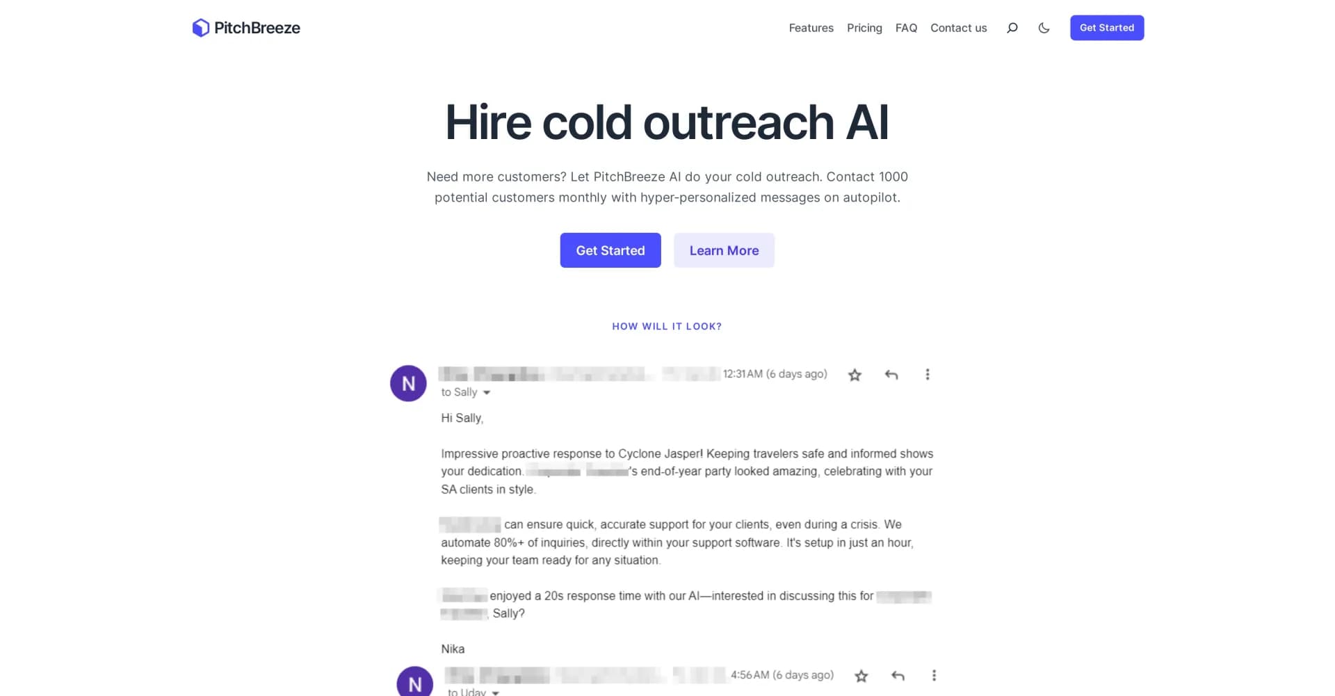 PitchBreeze homepage screenshot — AI-powered cold outreach on autopilot