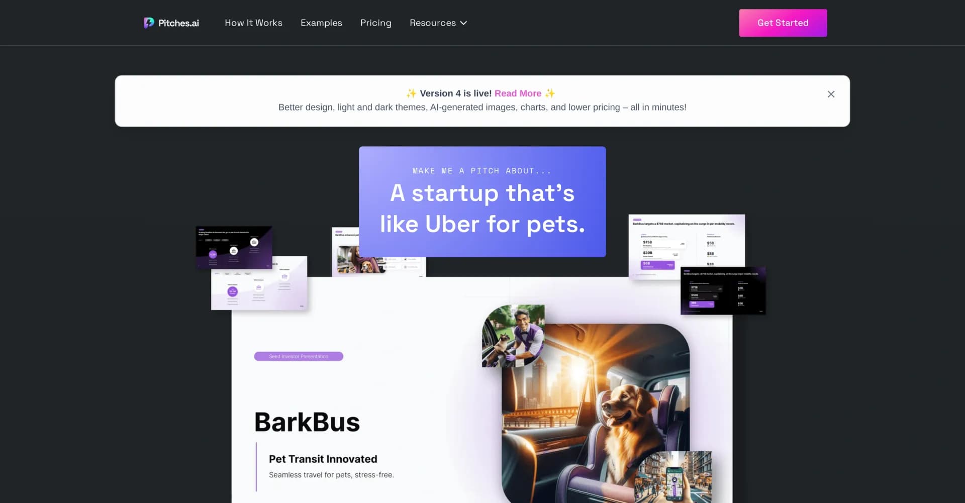 Pitches.ai homepage screenshot — Supercharge your startup pitch with AI