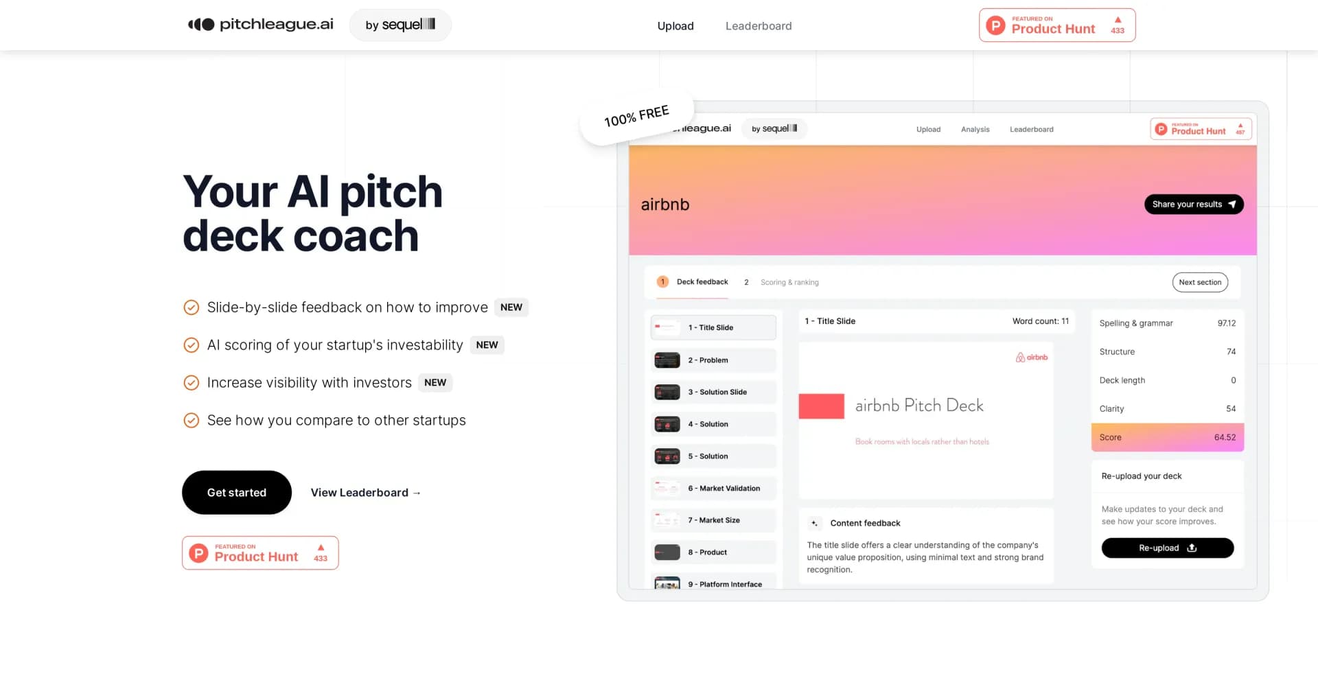 Pitchleague homepage screenshot — AI coach for pitch decks that impress investors