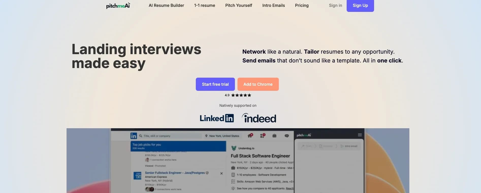 PitchMeAI homepage screenshot — Land interviews easily: Network, tailor resumes, and email r