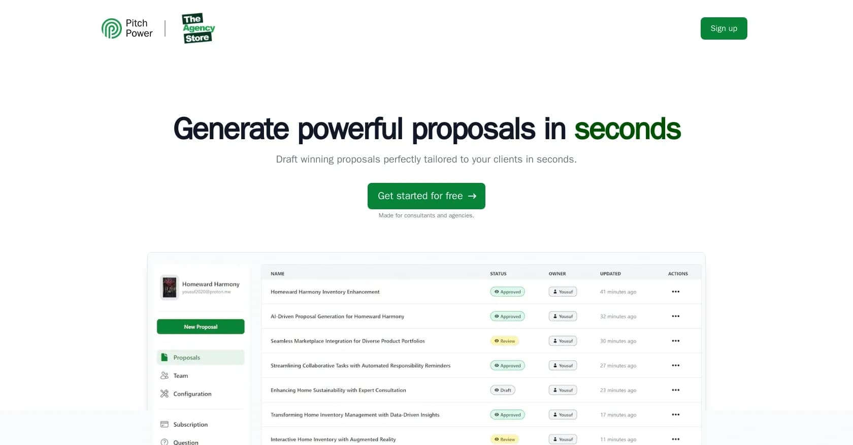 PitchPower homepage screenshot — Proposal generation and personalization for consultants.