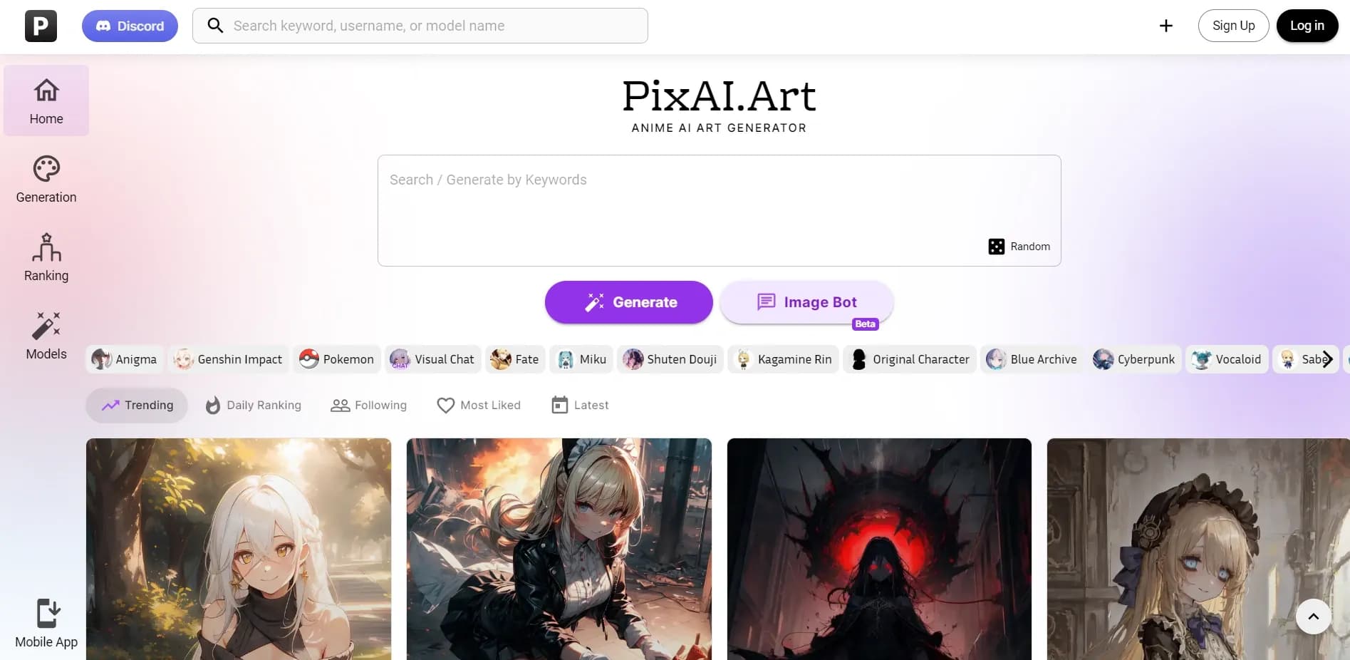 PixAI Art homepage screenshot — Anime artwork generator