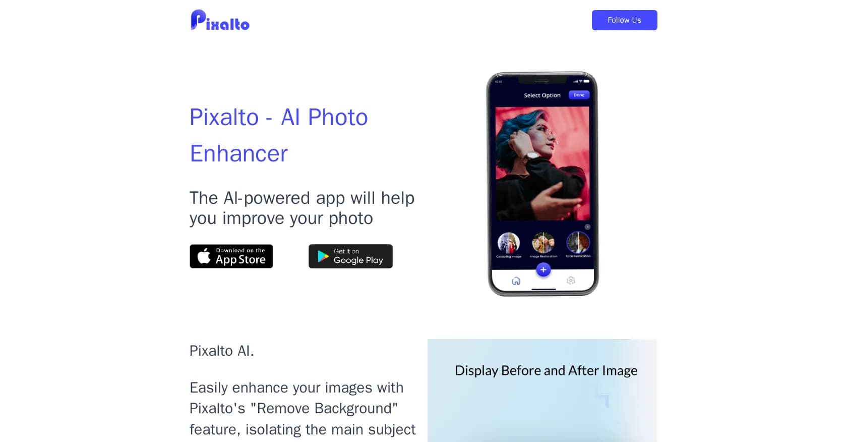 Pixalto homepage screenshot — AI-powered app to enhance and transform your photos