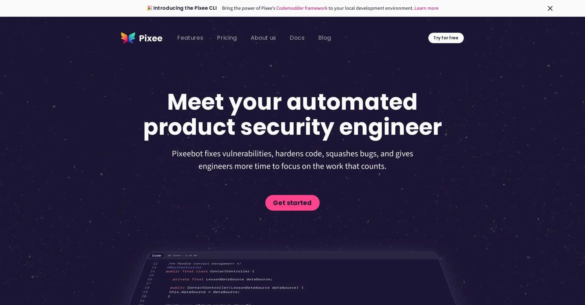 Pixee homepage screenshot — Automated security fixes for your code.