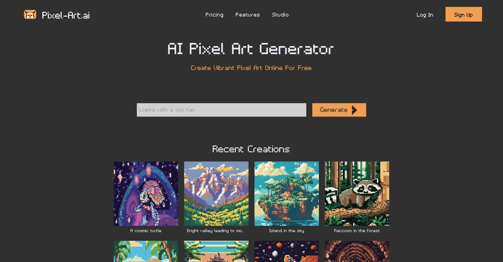 Pixel-Art.ai homepage screenshot — Transform visions into pixel-perfect artwork.