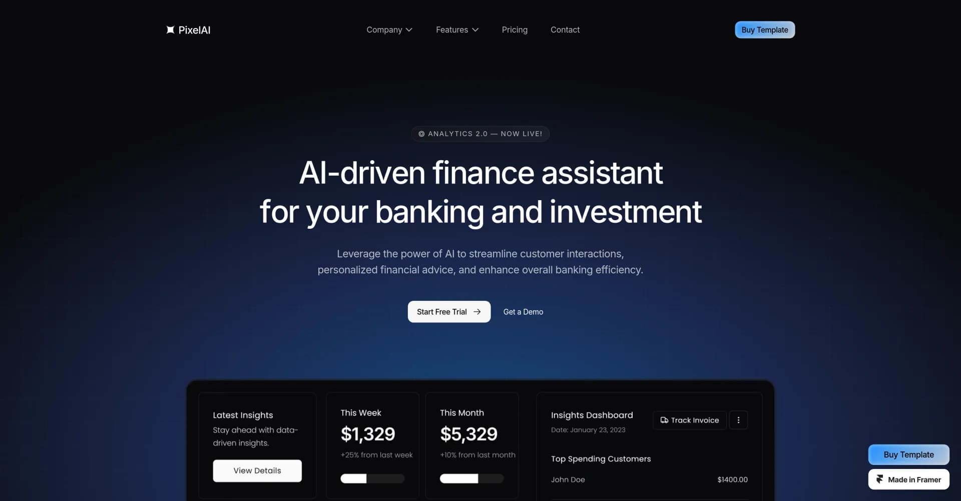 PixelAI homepage screenshot — AI-driven finance assistant for banking and investment