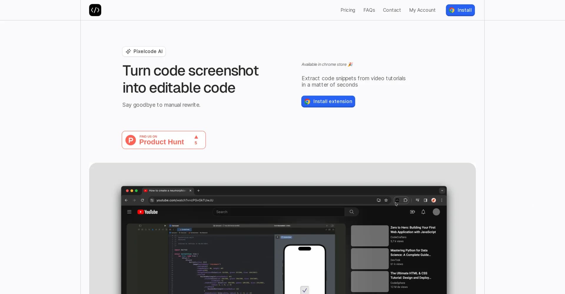 Pixelcode homepage screenshot — Turn code screenshots into editable code.