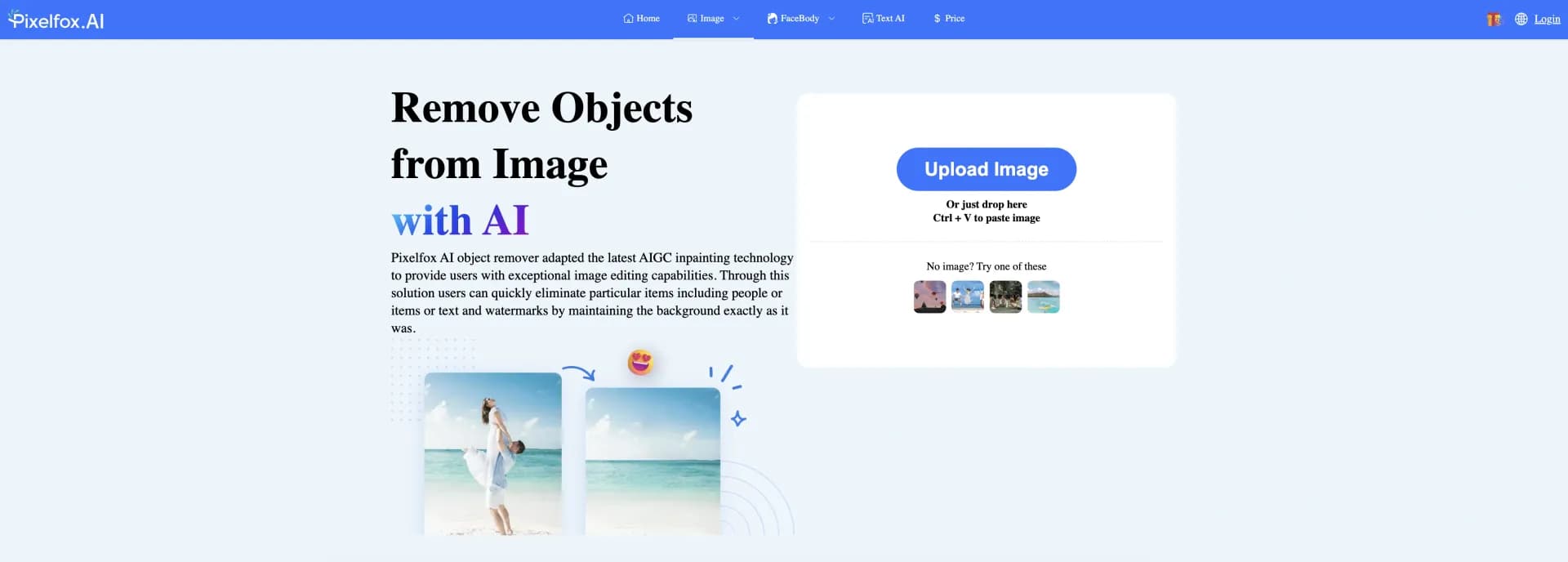 Pixelfox Objects Remover homepage screenshot — Erase unwanted objects from photos with AI.