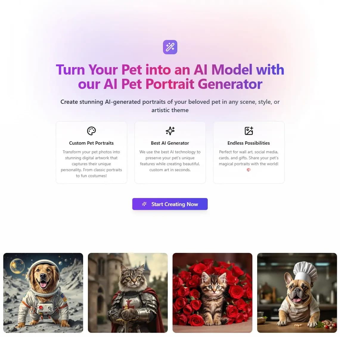 PixelGenie homepage screenshot — Transform pet photos into AI art masterpieces.
