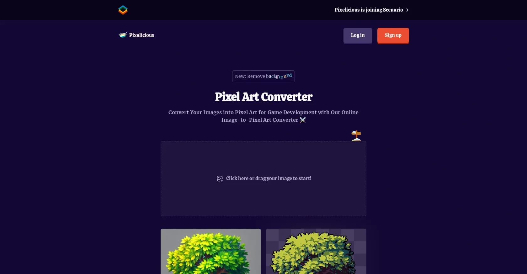 Pixelicious homepage screenshot — Transform photos into retro pixel art masterpieces.