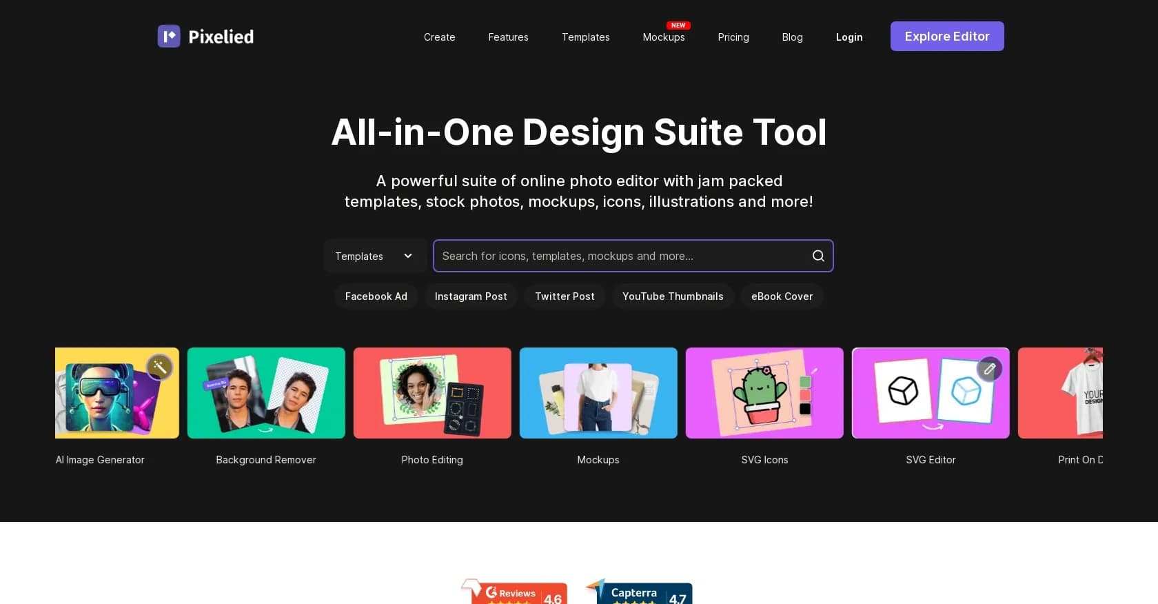 Pixelied homepage screenshot — Lightning-fast image editor for stunning designs.