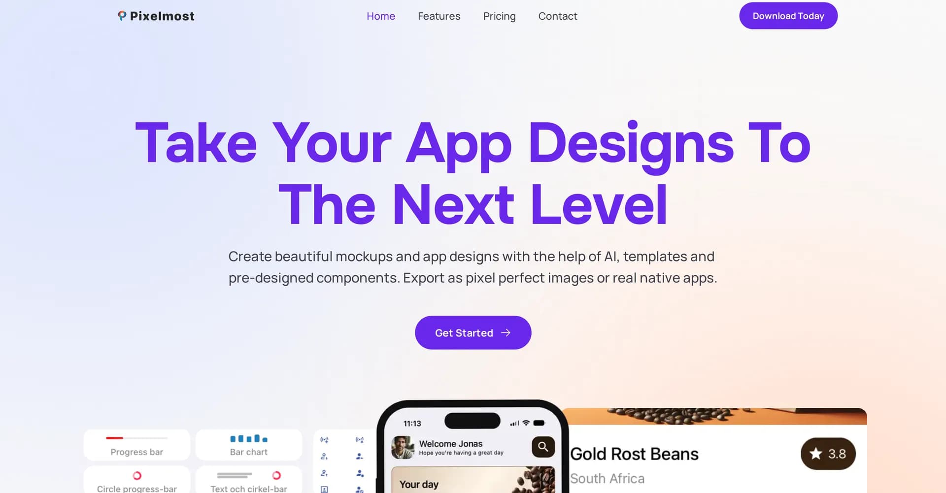 Pixelmost homepage screenshot — AI-powered app design: From mockup to masterpiece.