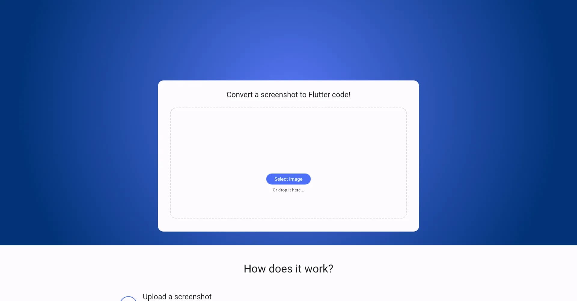 Pixels2Flutter homepage screenshot — Convert UI screenshots to Flutter code instantly.