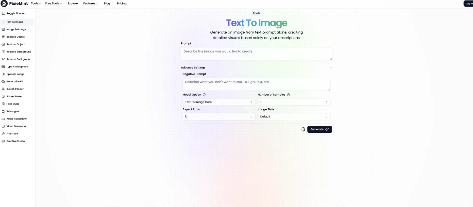 Pixiemint homepage screenshot — Transform words into vivid visuals.
