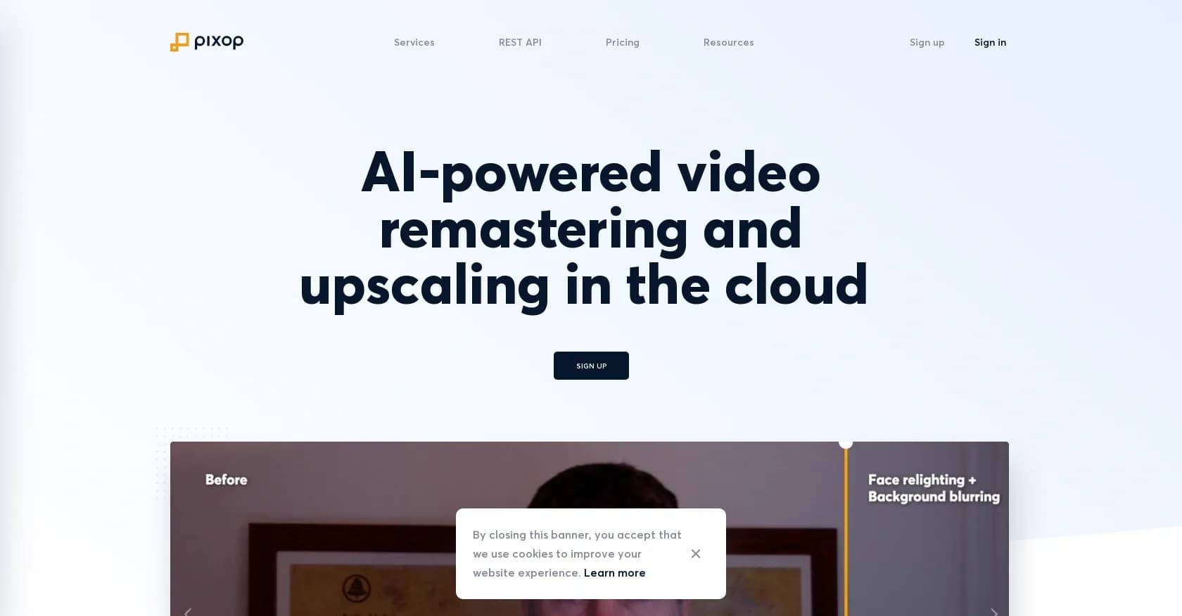 Pixop homepage screenshot — AI-powered video enhancement in the cloud.