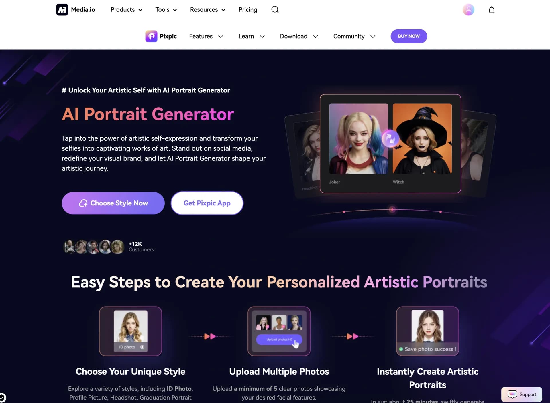 Pixpic AI Portrait Generator homepage screenshot — Create stunning AI portraits in seconds.